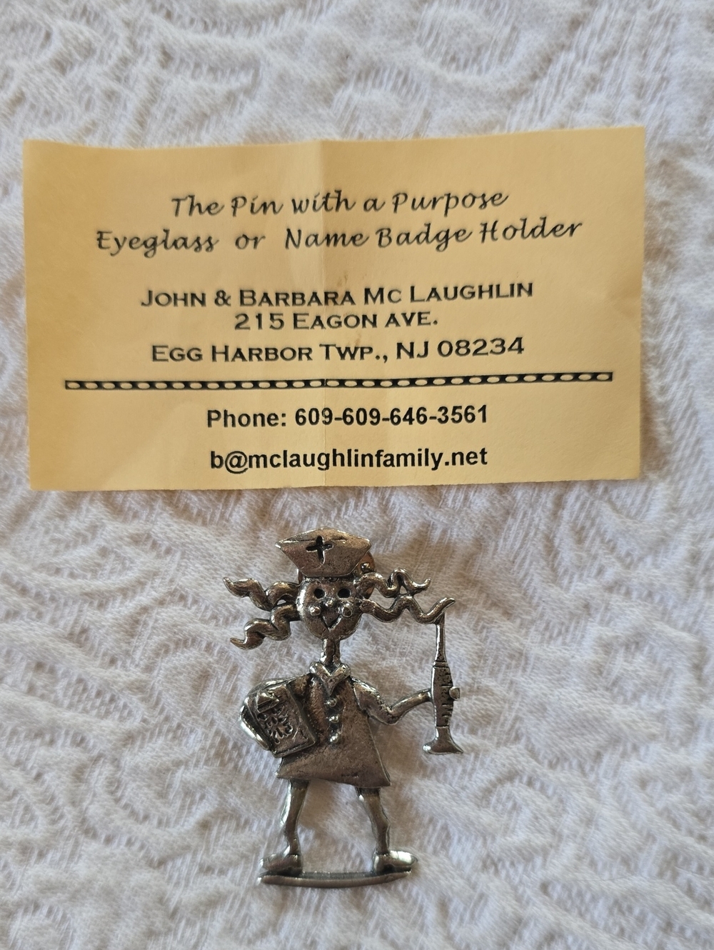 Silver Nurse Pin/Brooch - Nurse Holding Syringe. BADGE/EYEGLASS HOLDER